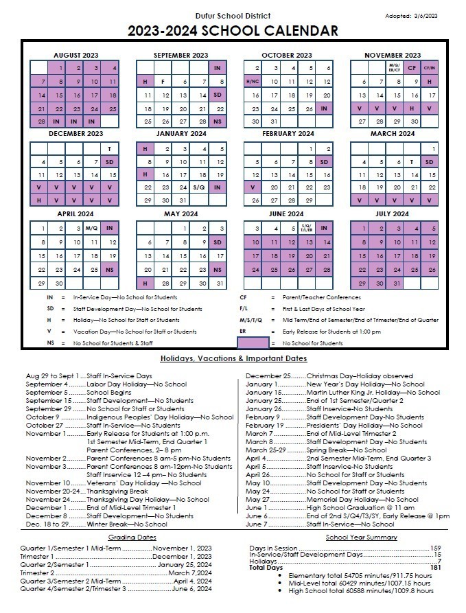 2023-24 Dufur School Calendar