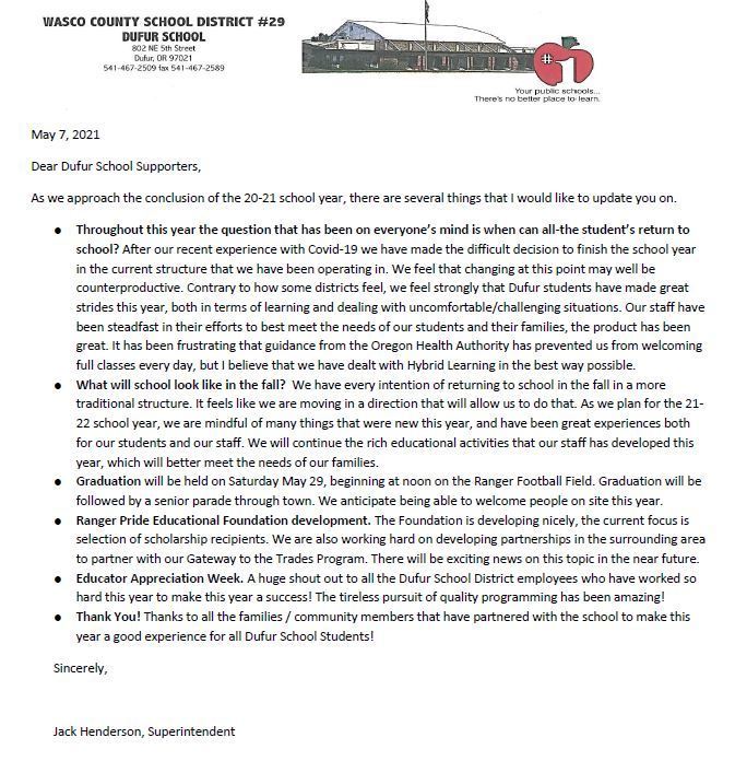 Superintendent Letter of May 7
