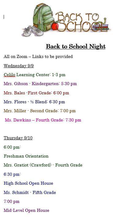 Back to School Night Schedule